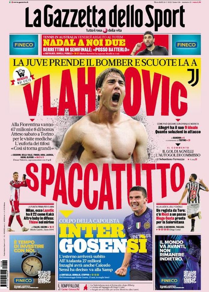 La Gazzetta dello Sport, la prima pagina di oggi, mercoledì 26 gennaio 2022 La Gazzetta dello Sport
