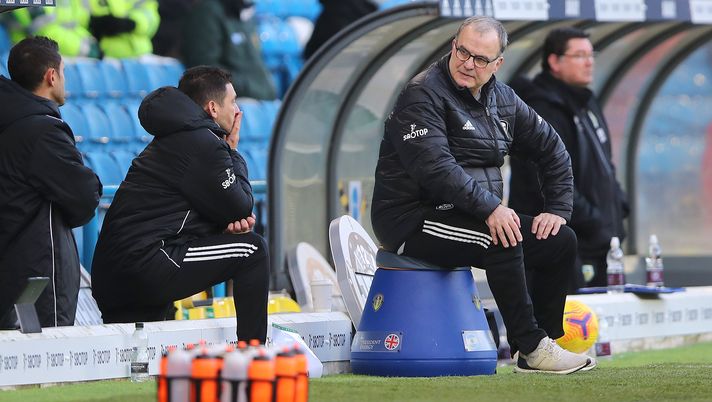 LEEDS, ENGLAND - DECEMBER 27: Marcelo Bielsa, Manager of Leeds United looks on during the Premier League match between Leeds United and Burnley at Elland Road on December 27, 2020 in Leeds, England. The match will be played without fans, behind closed doors as a Covid-19 precaution. (Photo by Molly Darlington - Pool/Getty Images) 