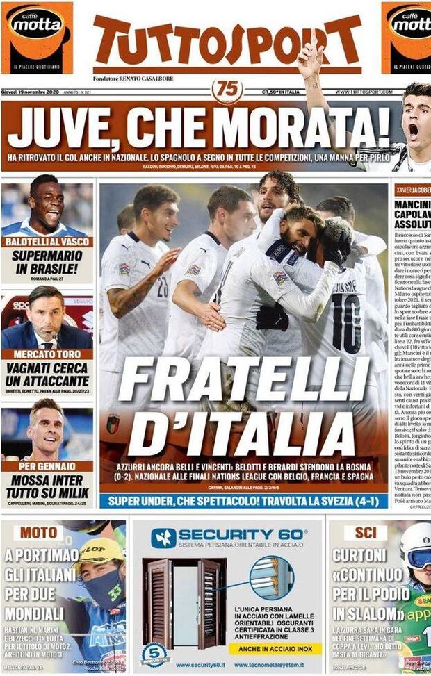 La prima pagina di Tuttosport, in edicola oggi, 19 novembre 2020 