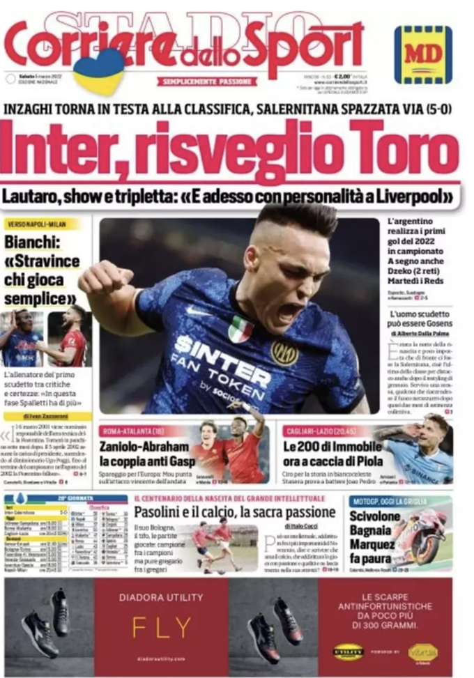 Prima Pagina, Corriere dello Sport: “Inter, risveglio Toro. Le 200 di Immobile”  prima pagina