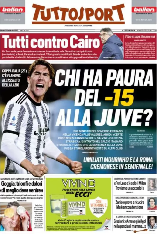 Prima pagina Tuttosport 02/02/2023