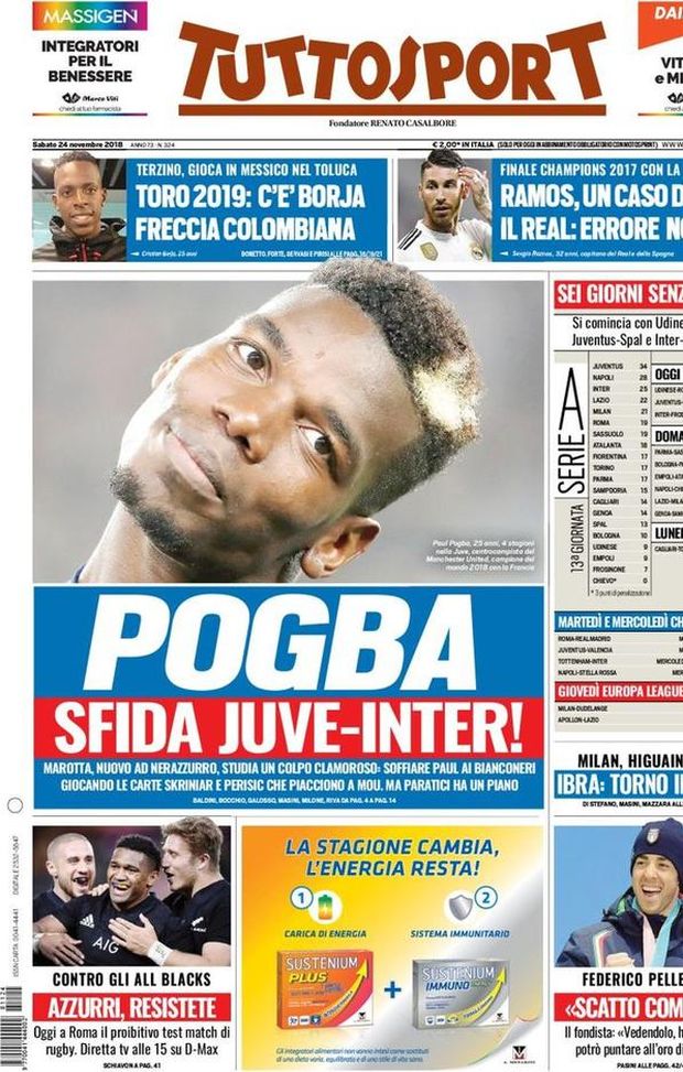 Prima Pagina, Tuttosport: “Pogba, sfida Juve-Inter! Ramos, un caso doping. Higuain fuori, Ibra…” Prima Pagina, Tuttosport: “Pogba, sfida Juve-Inter! Ramos, un caso doping. Higuain fuori, Ibra…”