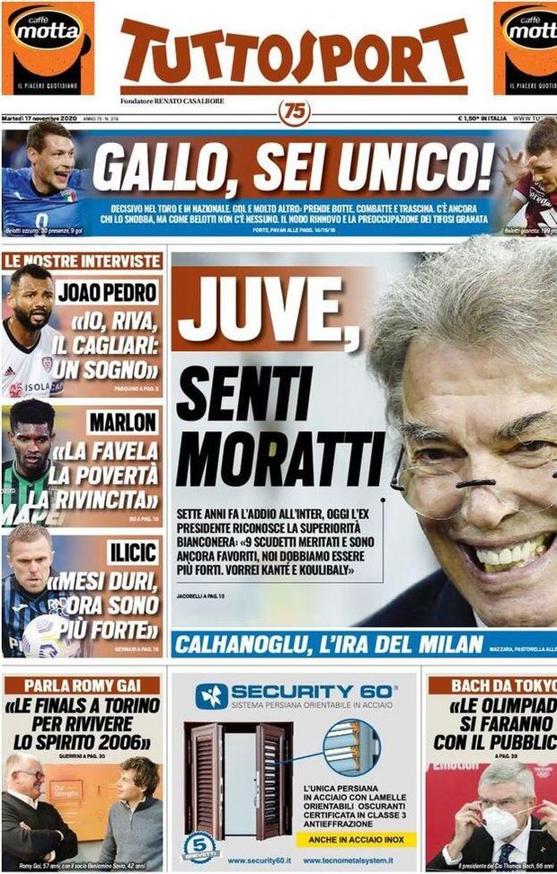  Tuttosport, la prima pagina di oggi, martedì 17 novembre 2020 