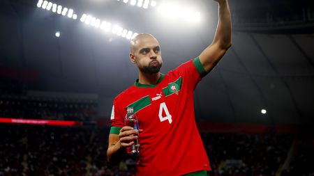 DOHA, QATAR - DECEMBER 17: Sofyan Amrabat of Morocco takes a drink prior to the FIFA World Cup Qatar 2022 3rd Place match between Croatia and Morocco at Khalifa International Stadium on December 17, 2022 in Doha, Qatar. (Photo by Alex Pantling/Getty Images)