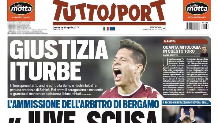 Prima Pagina, Tuttosport: “L’ammissione di Guida ‘Juve, scusa era rigore!’. L’Inter va in pressing su Conte” 