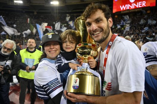 ROME, ITALY - MAY 15: Marco Parolo of SS Lazio celebrates victory with his family after the TIM Cup Final match between Atalanta BC and SS Lazio at Stadio Olimpico on May 15, 2019 in Rome, Italy. (Photo by Marco Rosi/Getty Images)
