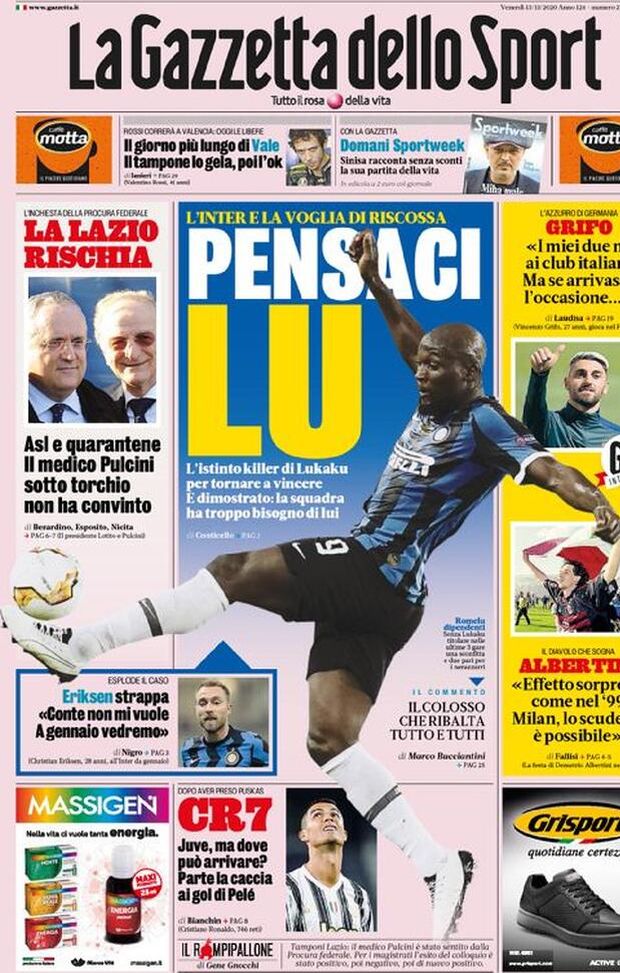  La Gazzetta dello Sport, la prima pagina di oggi, venerdì 13 novembre 2020 