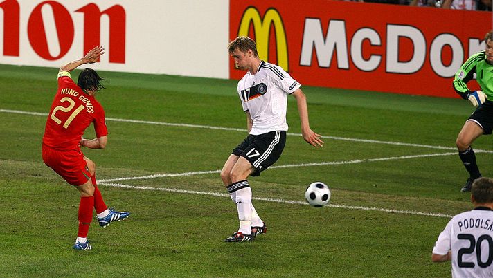 BASEL, SWITZERLAND - JUNE 19: Nuno Gomes of Portugal scores Portugal's first goal during the UEFA EURO 2008 Quarter Final match between Portugal and Germany at St. Jakob-Park on June 19, 2008 in Basel, Switzerland. (Photo by Shaun Botterill/Getty Images) BASEL, SWITZERLAND - JUNE 19: Nuno Gomes of Portugal scores Portugal's first goal during the UEFA EURO 2008 Quarter Final match between Portugal and Germany at St. Jakob-Park on June 19, 2008 in Basel, Switzerland. (Photo by Shaun Botterill/Getty Images)