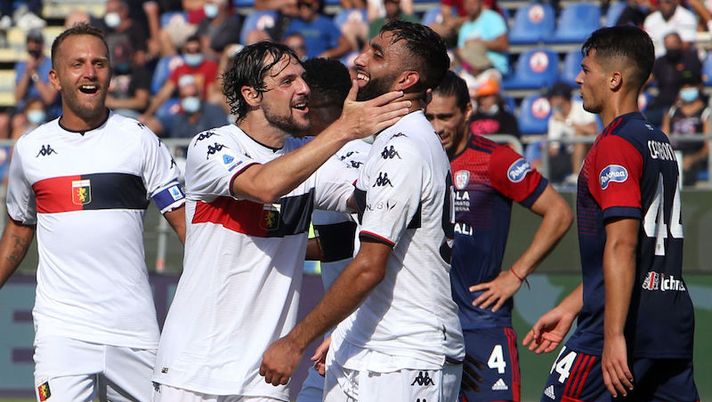 CAGLIARI, ITALY - SEPTEMBER 12: Mohamed Fares of Genoa celebrates his goal during the Serie A match between Cagliari Calcio and Genoa CFC at Sardegna Arena on September 12, 2021 in Cagliari, Italy. (Photo by Enrico Locci/Getty Images) Formazione Genoa, dubbi Hernani e Pandev: i favoriti dalla difesa all’attacco - immagine 1
