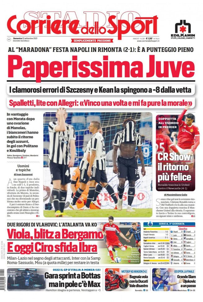 Prima Pagina, Corriere dello Sport: “Paperissima Juve. CR Show” 