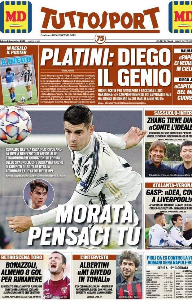 La prima pagina di Tuttosport, in edicola oggi, 28 novembre 2020 