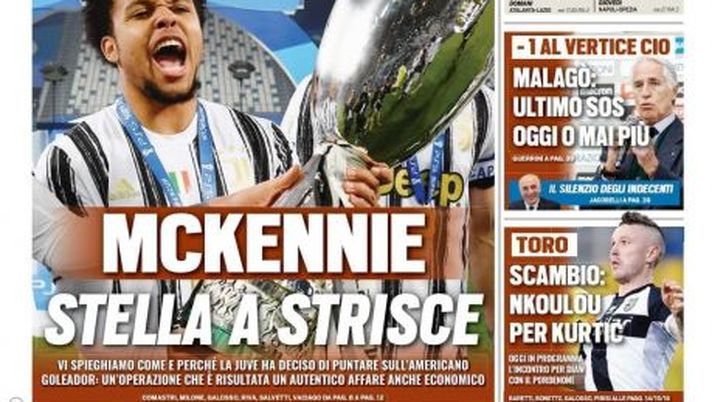 Prima Pagina, Tuttosport: “McKennie stella a strisce. Il derby dei giganti va oltre la Coppa” Prima Pagina, Tuttosport: “McKennie stella a strisce. Il derby dei giganti va oltre la Coppa”