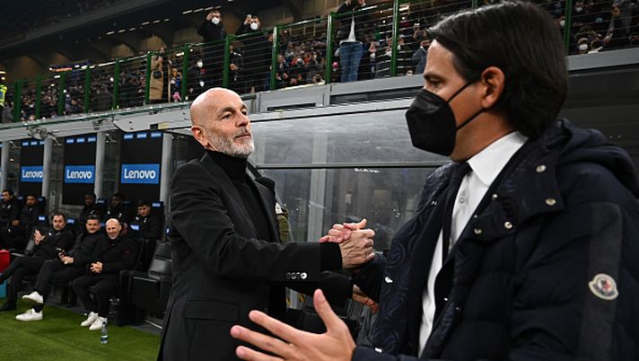 MILAN, ITALY - FEBRUARY 05: Stefano Pioli Head Coach of AC Milan and Simone Inzaghi Head Coach of FC Internazionale are seen before the Serie A match between FC Internazionale and AC Milan at Stadio Giuseppe Meazza on February 05, 2022 in Milan, Italy. (Photo by Mattia Ozbot - Inter/Inter via Getty Images) MILAN, ITALY - FEBRUARY 05: Stefano Pioli Head Coach of AC Milan and Simone Inzaghi Head Coach of FC Internazionale are seen before the Serie A match between FC Internazionale and AC Milan at Stadio Giuseppe Meazza on February 05, 2022 in Milan, Italy. (Photo by Mattia Ozbot - Inter/Inter via Getty Images)