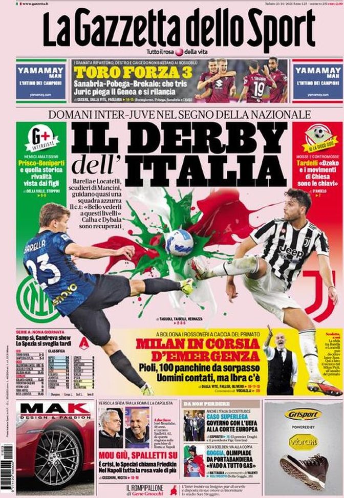 Prima Pagina, La Gazzetta dello Sport: “Il derby dell’Italia, Mou giù, Spalletti su” Prima Pagina, La Gazzetta dello Sport: “Il derby dell’Italia, Mou giù, Spalletti su” - immagine 1