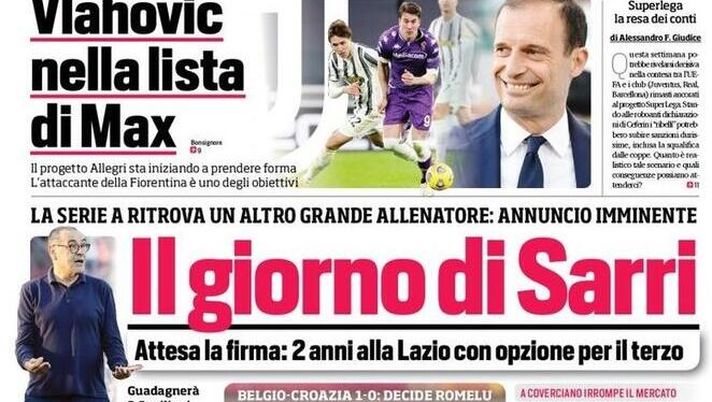 Prima Pagina, Corriere dello Sport: Il giorno di Sarri! La legge di Lukaku” 