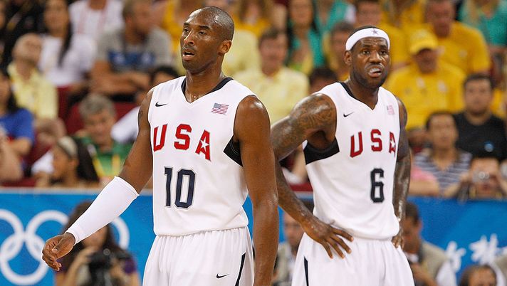 BEIJING - AUGUST 20: Kobe Bryant #10 and Lebron James #6 of the United States prepare for play during the men's basketball quarterfinal game against Australia at the Olympic Basketball Gymnasium during Day 12 of the Beijing 2008 Olympic Games on August 20, 2008 in Beijing, China. The USA won 116-85. (Photo by Streeter Lecka/Getty Images) BEIJING - AUGUST 20: Kobe Bryant #10 and Lebron James #6 of the United States prepare for play during the men's basketball quarterfinal game against Australia at the Olympic Basketball Gymnasium during Day 12 of the Beijing 2008 Olympic Games on August 20, 2008 in Beijing, China. The USA won 116-85. (Photo by Streeter Lecka/Getty Images)