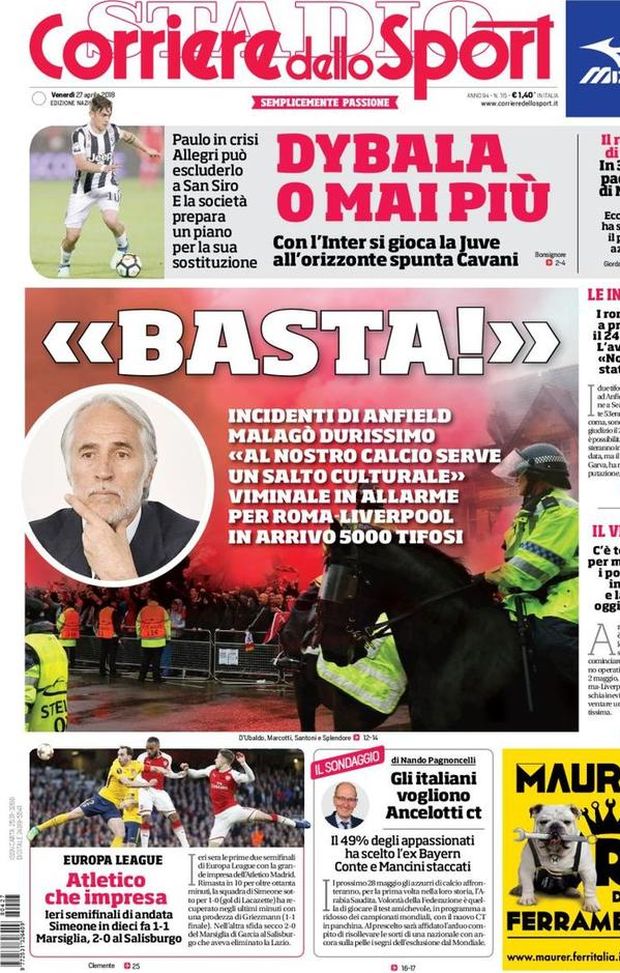 Prima Pagina, Corriere dello Sport: “Basta! Malagò durissimo: ‘Al nostro calcio serve un salto culturale’. Dybala o mai più: Allegri può escluderlo. Gli Italiani vogliono Ancelotti…” Prima Pagina, Corriere dello Sport: “Basta! Malagò durissimo: ‘Al nostro calcio serve un salto culturale’. Dybala o mai più: Allegri può escluderlo. Gli Italiani vogliono Ancelotti…”