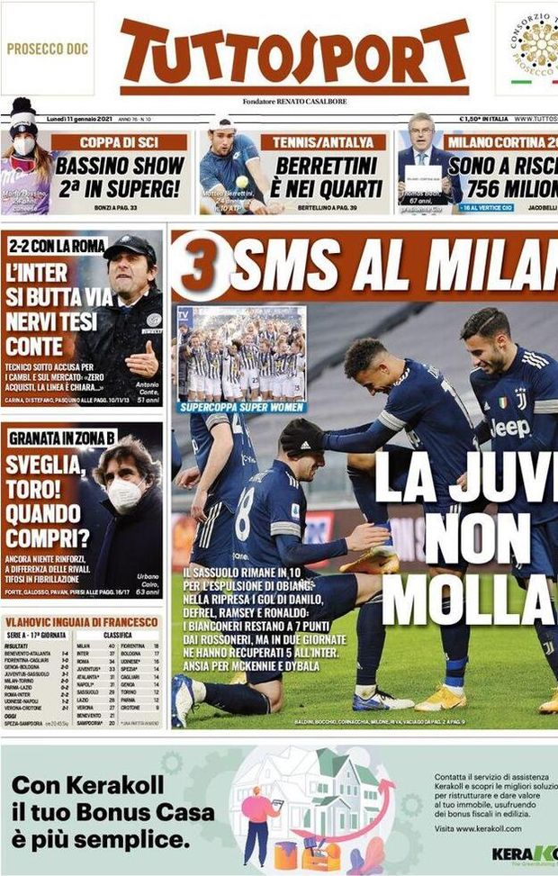  Tuttosport, la prima pagina di oggi, lunedì 11 gennaio 2021 