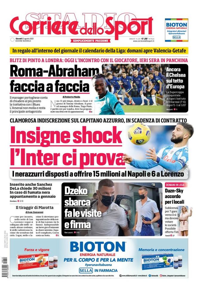 Prima Pagina, Corriere dello Sport: “Insigne shock, l’Inter ci prova!”  Prima Pagina, Corriere dello Sport: “Insigne shock, l’Inter ci prova!”