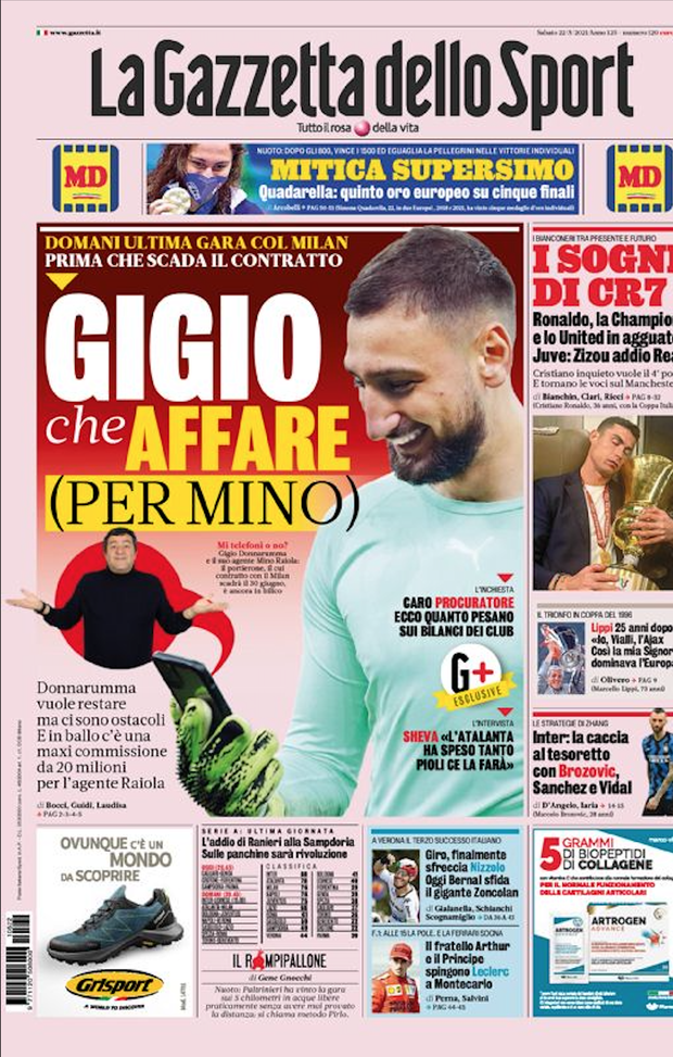 Prima Pagina, La Gazzetta dello Sport: “Gigio che affare! Ronaldo, la Champions e lo United” Prima Pagina, La Gazzetta dello Sport: “Gigio che affare! Ronaldo, la Champions e lo United”