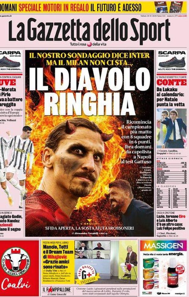 La prima pagina della Gazzetta dello Sport, in edicola oggi, 21 novembre 2020 La prima pagina della Gazzetta dello Sport, in edicola oggi, 21 novembre 2020