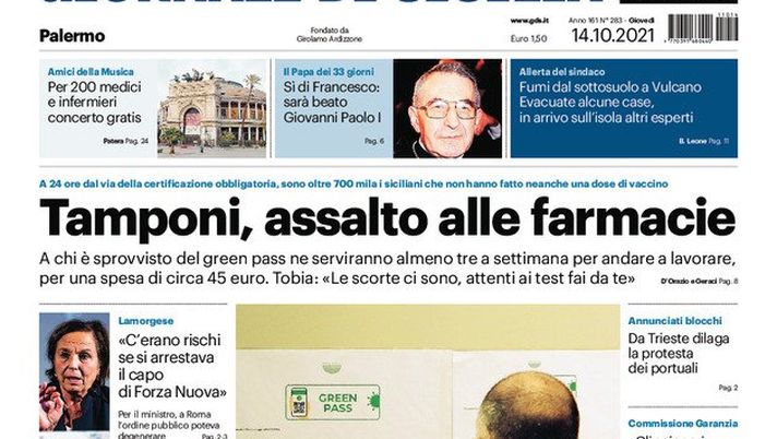 Prima Pagina, Giornale di Sicilia: “Tamponi, assalto alle farmacie” - immagine 1