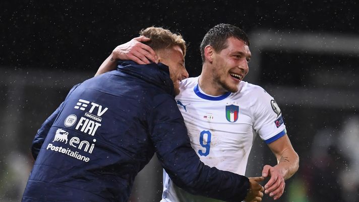 VADUZ, LIECHTENSTEIN - OCTOBER 15:  Andrea Belotti of Italy celebrates with Ciro Immobile of Italy after scoring the second goal during the UEFA Euro 2020 qualifier between Liechtenstein and Italy on October 15, 2019 in Vaduz, Liechtenstein.  (Photo by Claudio Villa/Getty Images) 
