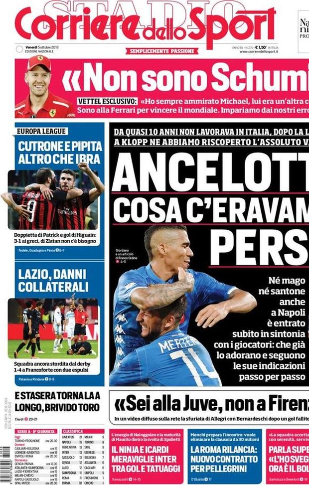 Prima Pagina, Corriere dello Sport: “Ancelotti, cosa c’eravamo persi. Altro che Ibra. La Roma rilancia. Il Ninja e Icardi…” Prima Pagina, Corriere dello Sport: “Ancelotti, cosa c’eravamo persi. Altro che Ibra. La Roma rilancia. Il Ninja e Icardi…”
