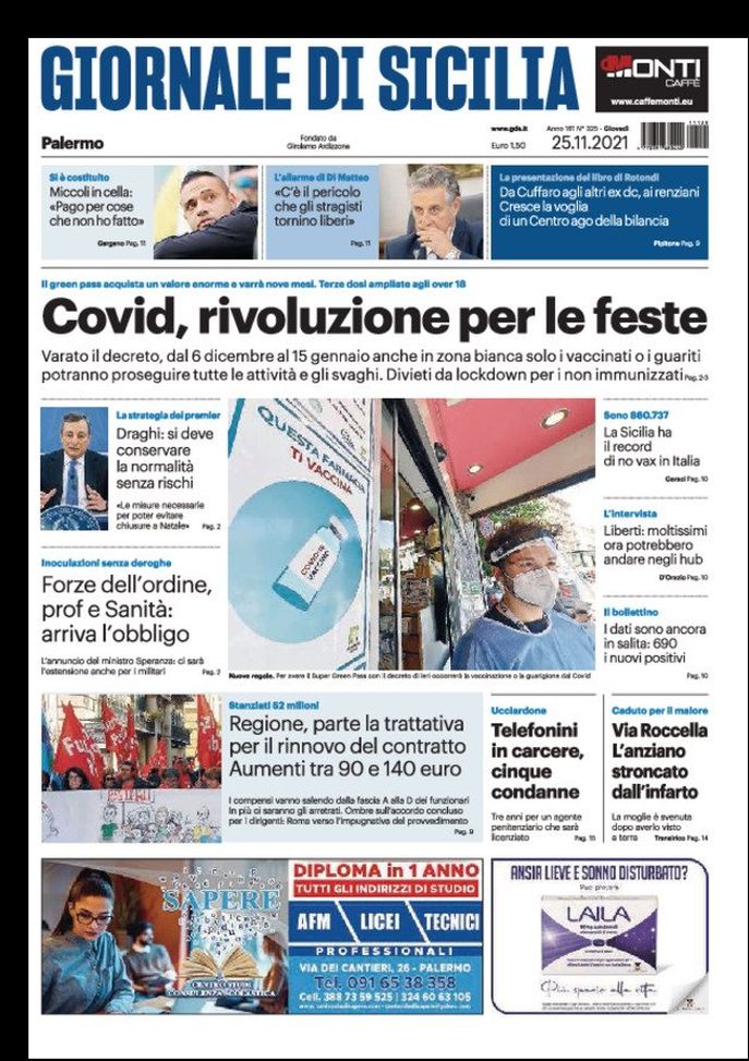 Prima Pagina Giornale di Sicilia, Miccoli in cella: “Pago per cose che non ho fatto” 