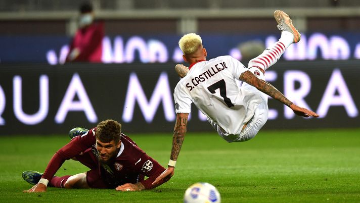TURIN, ITALY - MAY 12: Samu Castillejo of A.C. Milan is challenged by Vojnovic Lyanco of Torino FC which leads to a penalty being awarded during the Serie A match between Torino FC and AC Milan at Stadio Olimpico di Torino on May 12, 2021 in Turin, Italy. Sporting stadiums around Italy remain under strict restrictions due to the Coronavirus Pandemic as Government social distancing laws prohibit fans inside venues resulting in games being played behind closed doors. (Photo by Valerio Pennicino/Getty Images) TURIN, ITALY - MAY 12: Samu Castillejo of A.C. Milan is challenged by Vojnovic Lyanco of Torino FC which leads to a penalty being awarded during the Serie A match between Torino FC and AC Milan at Stadio Olimpico di Torino on May 12, 2021 in Turin, Italy. Sporting stadiums around Italy remain under strict restrictions due to the Coronavirus Pandemic as Government social distancing laws prohibit fans inside venues resulting in games being played behind closed doors. (Photo by Valerio Pennicino/Getty Images)