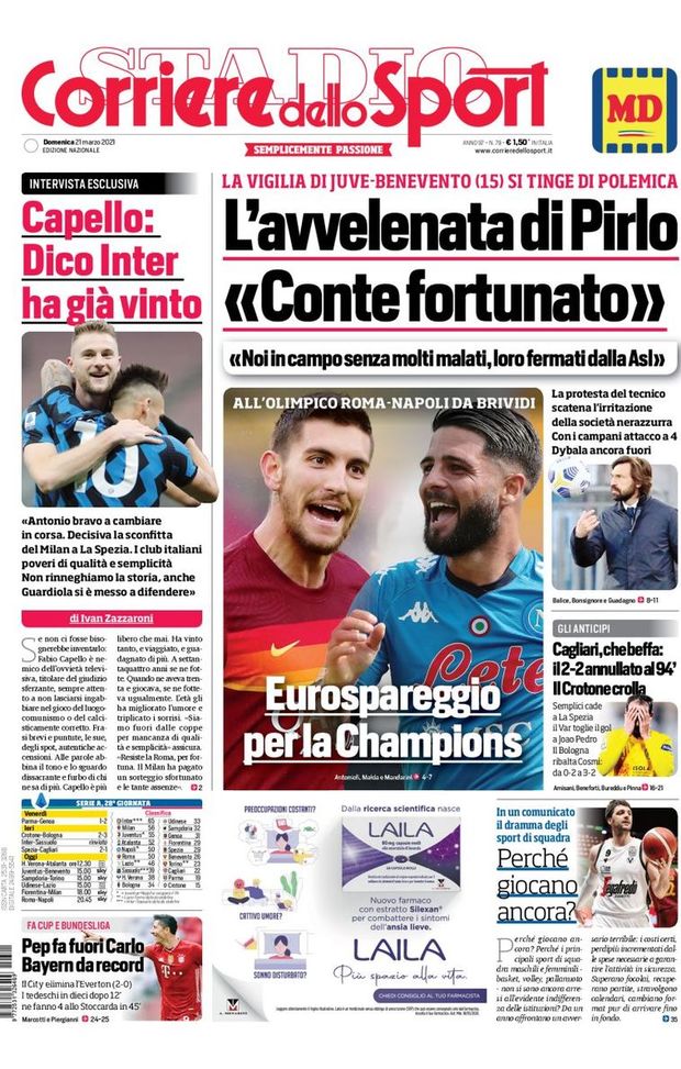 Prima Pagina, Corriere dello Sport: &#8220;L&#8217;avvelenata di Pirlo. Roma-Napoli, Eurospareggio per la Champions&#8221; 