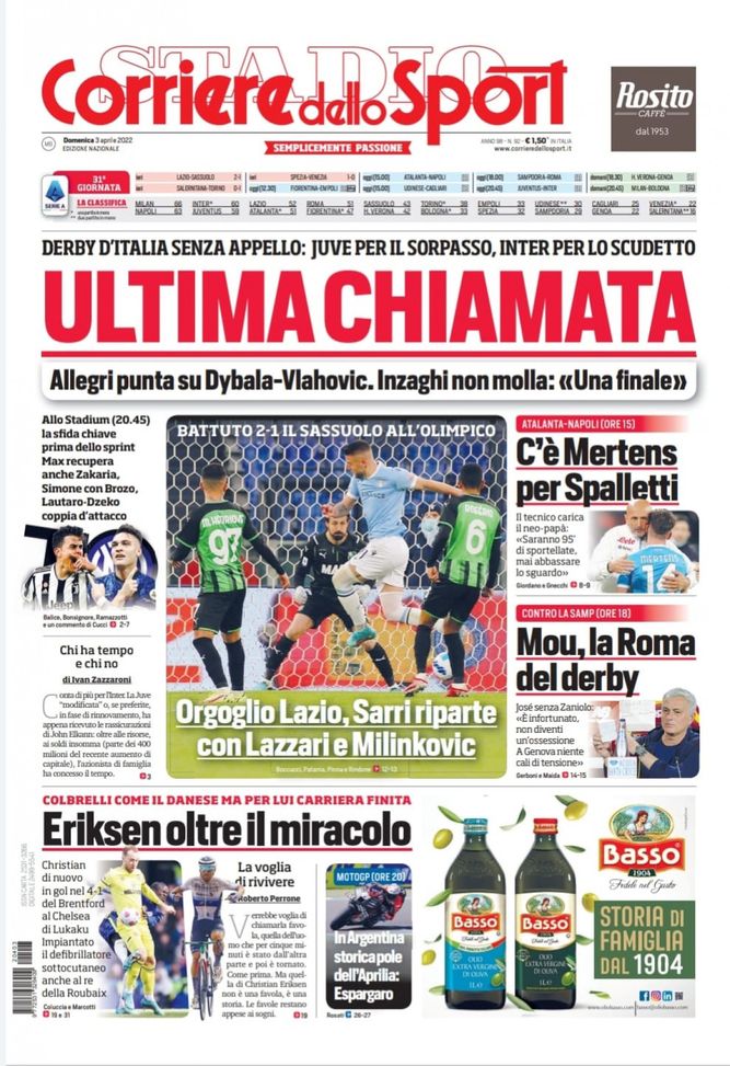 Prima Pagina, Corriere dello Sport: “Ultima chiamata. Eriksen oltre il miracolo”  Prima Pagina, Corriere dello Sport: “Ultima chiamata. Eriksen oltre il miracolo” - immagine 1