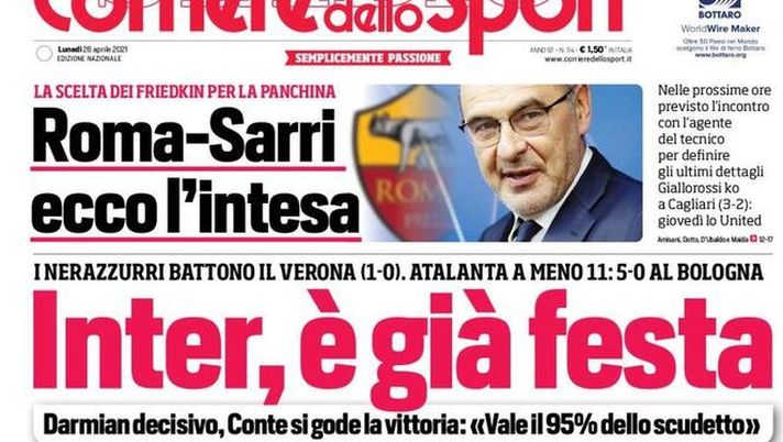 Il Corriere dello Sport, la prima pagina di oggi, lunedì 26 aprile 2021 
