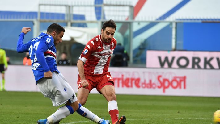 GENOA, ITALY FEBRUARY 14: Fabio Quagliarella of UC Sampdoria scores their second goal during the Serie A match between UC Sampdoria and ACF Fiorentina- Serie A at Stadio Luigi Ferraris on February 14, 2021 in Genoa, Italy. (Photo by Paolo Rattini/Getty Images) 