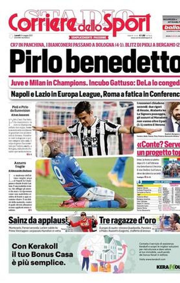 Prima Pagina, Corriere dello Sport: “Pirlo benedetto. Incubo Gattuso: DeLa lo congeda” Prima Pagina, Corriere dello Sport: “Pirlo benedetto. Incubo Gattuso: DeLa lo congeda”