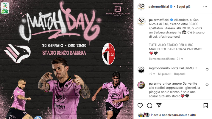 Palermo, il club rosanero chiama i tifosi: “A Bari oltre 35 mila spettatori…” - immagine 1