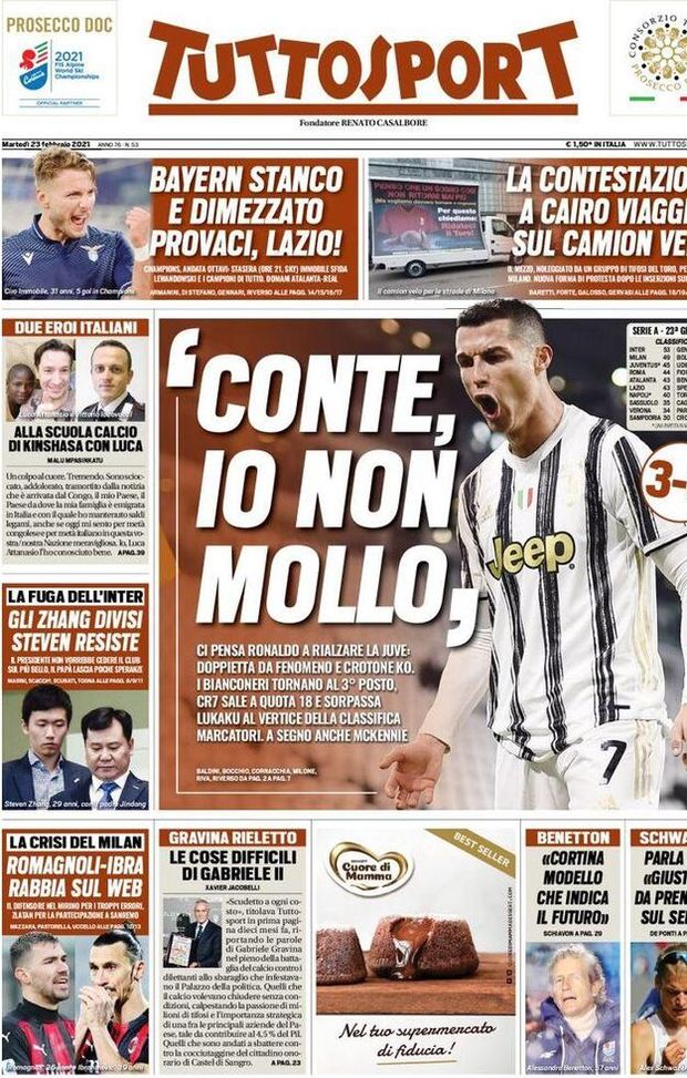 Tuttosport, la prima pagina di oggi, martedì 23 febbraio 2021 Tuttosport, la prima pagina di oggi, martedì 23 febbraio 2021