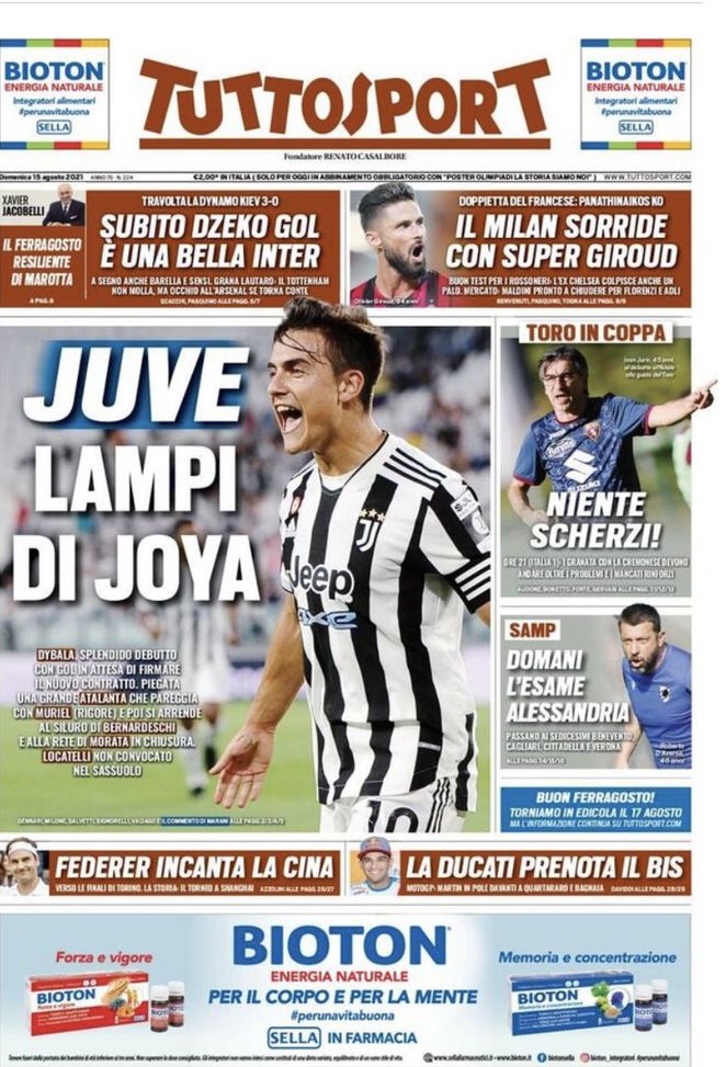 Prima Pagina, Tuttosport: “Juve lampo di gioia. Inter, subito Dzeko gol” 