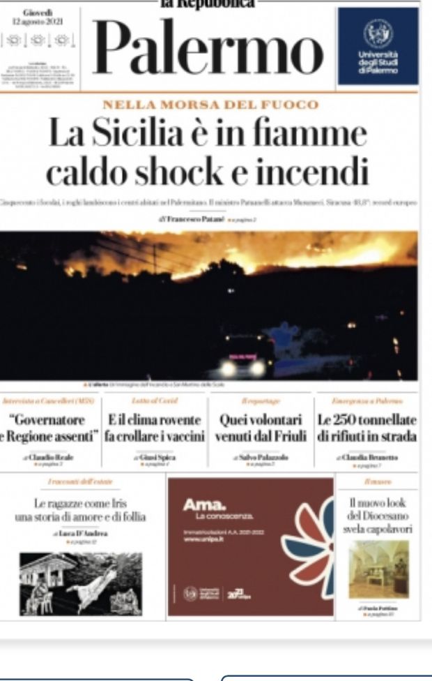 Prima Pagina, La Repubblica Palermo: &#8220;La Sicilia è in fiamme” 