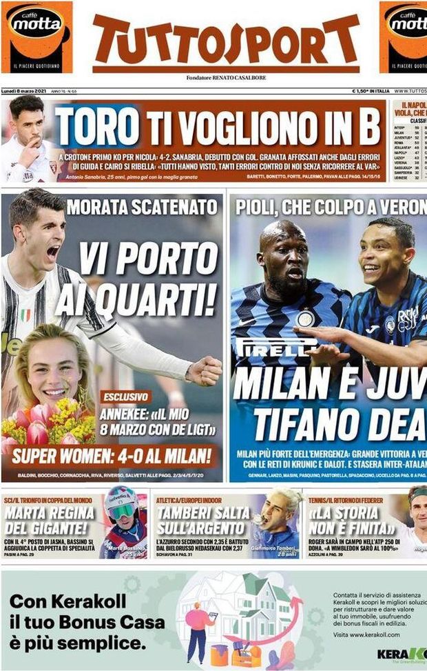Prima Pagina, Tuttosport: “Toro ti vogliono in B. Vi porto ai quarti, Pioli che colpo a Verona&#8221; 