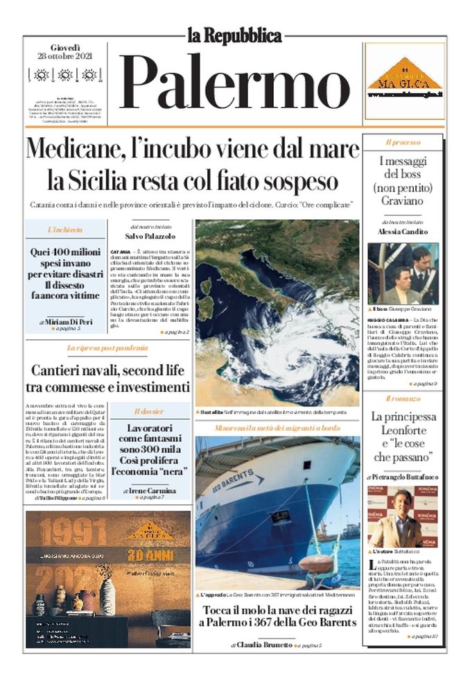 Prima Pagina, La Repubblica-Palermo: “Medicane, l’incubo viene dal mare” - immagine 1