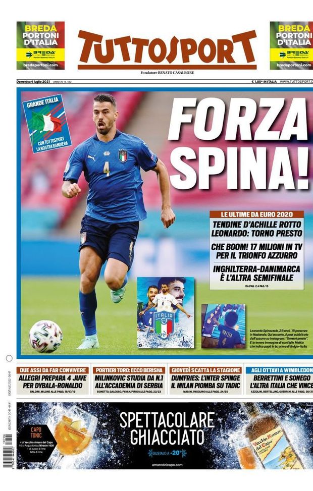 Prima Pagina, Tuttosport: “Forza Spina! Allegri prepara 4 Juve per Dybala-Ronaldo” 