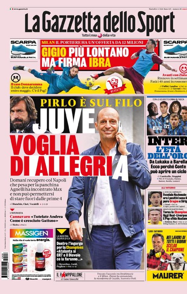 Prima Pagina, La Gazzetta dello Sport: “ Juve, voglia di AllegriA. Milan, Gigio più lontano ma firma Ibra” 