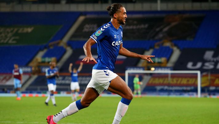 LIVERPOOL, ENGLAND - SEPTEMBER 30: Dominic Calvert-Lewin of Everton celebrates after scoring his sides fourth goal during the Carabao Cup fourth round match between Everton and West Ham United at Goodison Park on September 30, 2020 in Liverpool, England. Football Stadiums around United Kingdom remain empty due to the Coronavirus Pandemic as Government social distancing laws prohibit fans inside venues resulting in fixtures being played behind closed doors. (Photo by Alex Livesey/Getty Images) LIVERPOOL, ENGLAND - SEPTEMBER 30: Dominic Calvert-Lewin of Everton celebrates after scoring his sides fourth goal during the Carabao Cup fourth round match between Everton and West Ham United at Goodison Park on September 30, 2020 in Liverpool, England. Football Stadiums around United Kingdom remain empty due to the Coronavirus Pandemic as Government social distancing laws prohibit fans inside venues resulting in fixtures being played behind closed doors. (Photo by Alex Livesey/Getty Images)