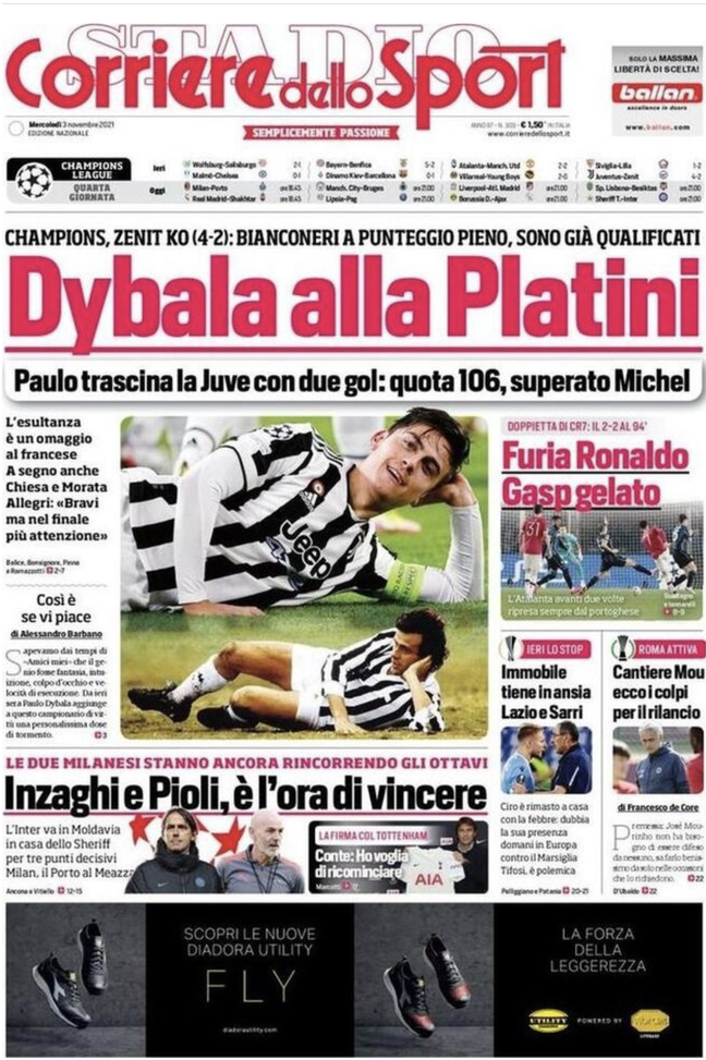 Prima Pagina, Corriere dello Sport: “Dybala alla Platini. Furia CR7, Gasp gelato”  prima pagina