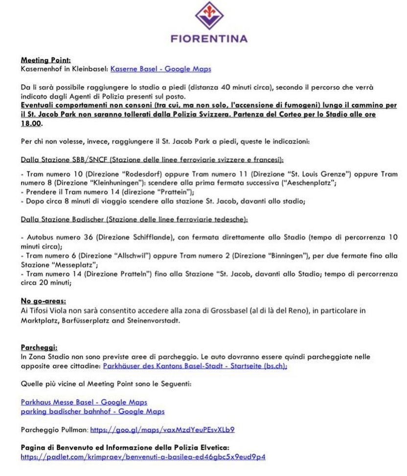 I tifosi viola in corteo a Basilea: orario ed info per raggiungere lo stadio- immagine 2