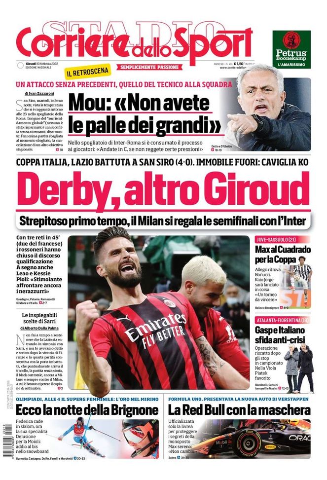 Prima Pagina, Corriere dello Sport: “Derby, altro Giroud. Mou, attacco senza precedenti” - immagine 1