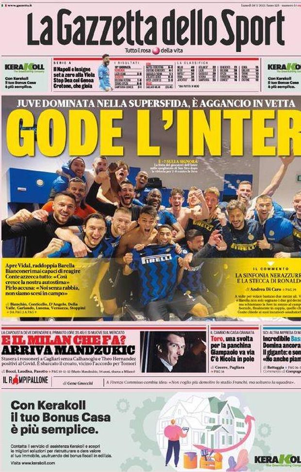 Prima Pagina, La Gazzetta dello Sport: “Gode l’Inter. Juve dominata nella supersfida” Prima Pagina, La Gazzetta dello Sport: “Gode l’Inter. Juve dominata nella supersfida”