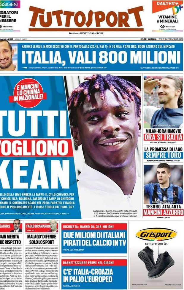 Prima Pagina, Tuttosport: “Tutti vogliono Kean. Italia, vali 800 milioni. Milan-Ibrahimovic: ora si tratta…” Prima Pagina, Tuttosport: “Tutti vogliono Kean. Italia, vali 800 milioni. Milan-Ibrahimovic: ora si tratta…”