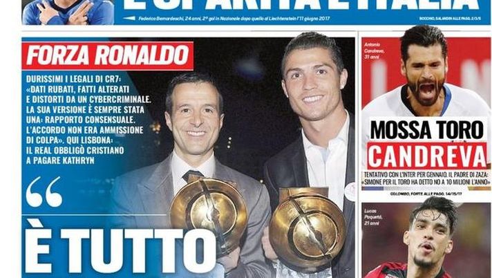 Prima Pagina, Tuttosport: “E’ tutto falso: il Real obbligò CR7 a pagare. E’ sparita l’Italia. Colpo Milan: Paquetà…” Prima Pagina, Tuttosport: “E’ tutto falso: il Real obbligò CR7 a pagare. E’ sparita l’Italia. Colpo Milan: Paquetà…”